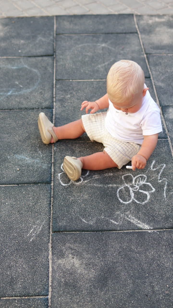 Un bambino disegna con il gesso sull'asfalto durante una passeggiata. Un bambino disegna con il gesso. Abbigliamento estivo per bambini.