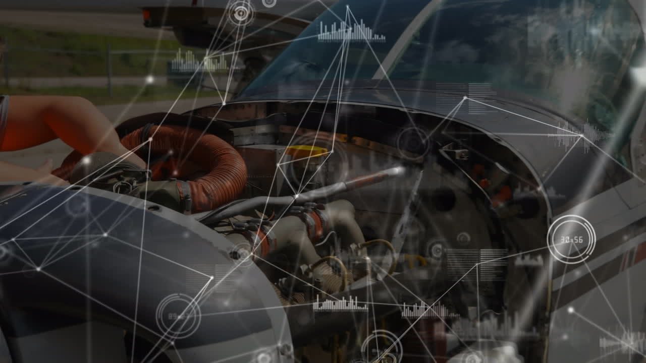 공항에서 비행기에 탑승하는 백인 남성 엔지니어에 대한 연결 네트워크의 애니메이션