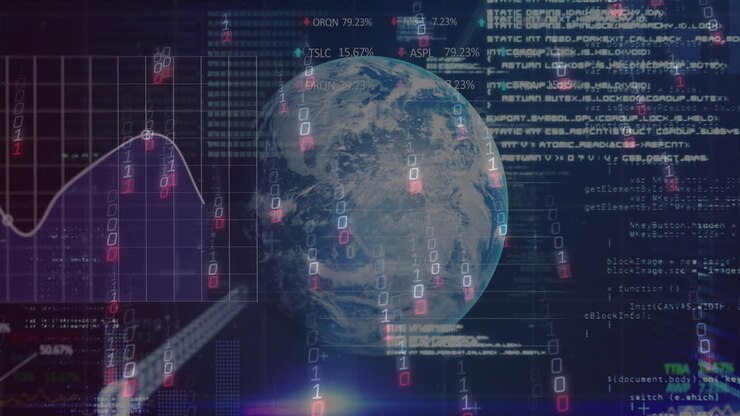 3D Earth globe being rendered at center, displaying binary streams and data charts