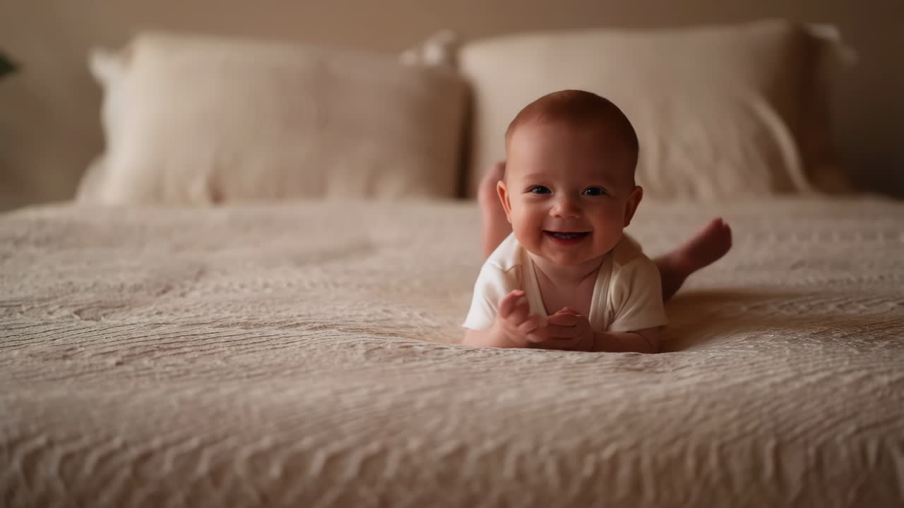 Happy Baby Doing Tummy Time on a Bed