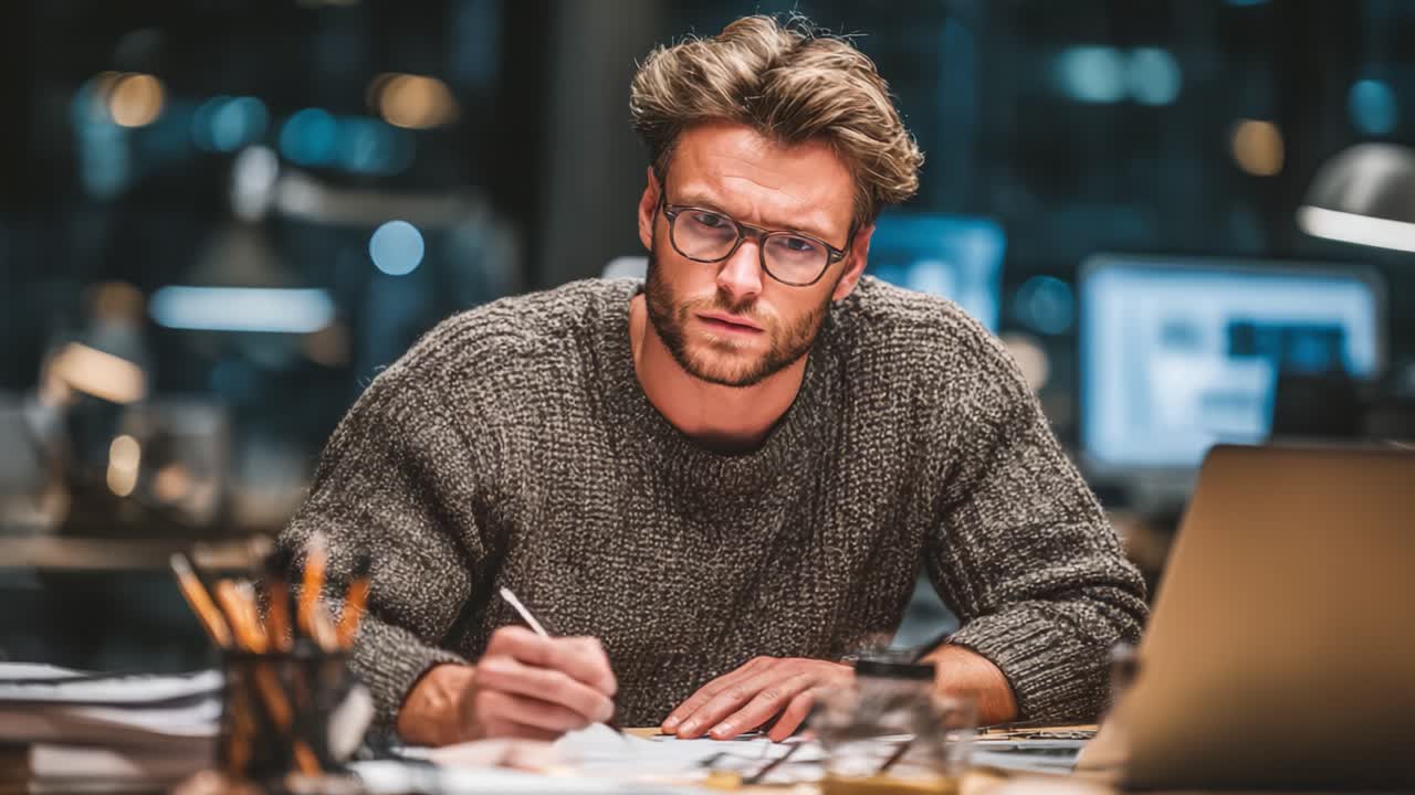 Focused Individual Engaged in Creative Work at a Modern Workspace During Nighttime Hours, Surrounded by Papers, Technology, and Tools for Productivity