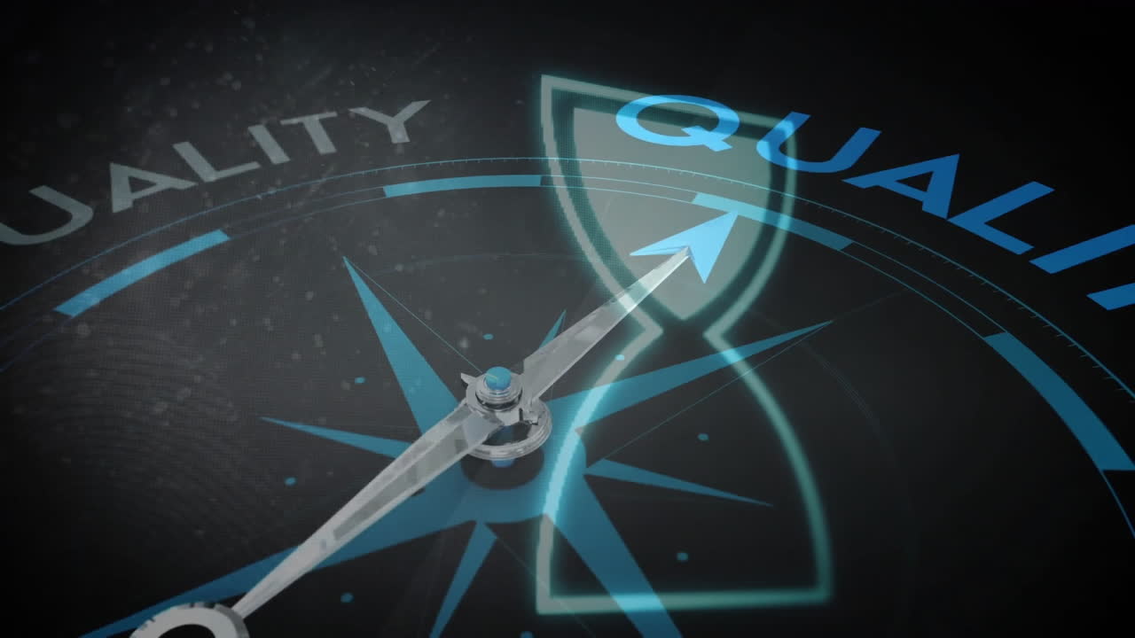 aguja de la brújula que apunta hacia el texto de calidad con animación de reloj de arena