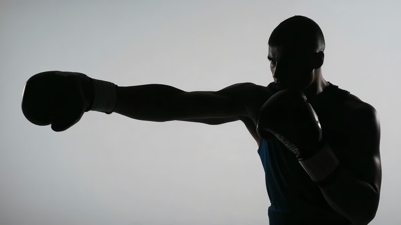 Starting drill, male boxer extending lead jabs and retracting guard in studio with gloves and tank