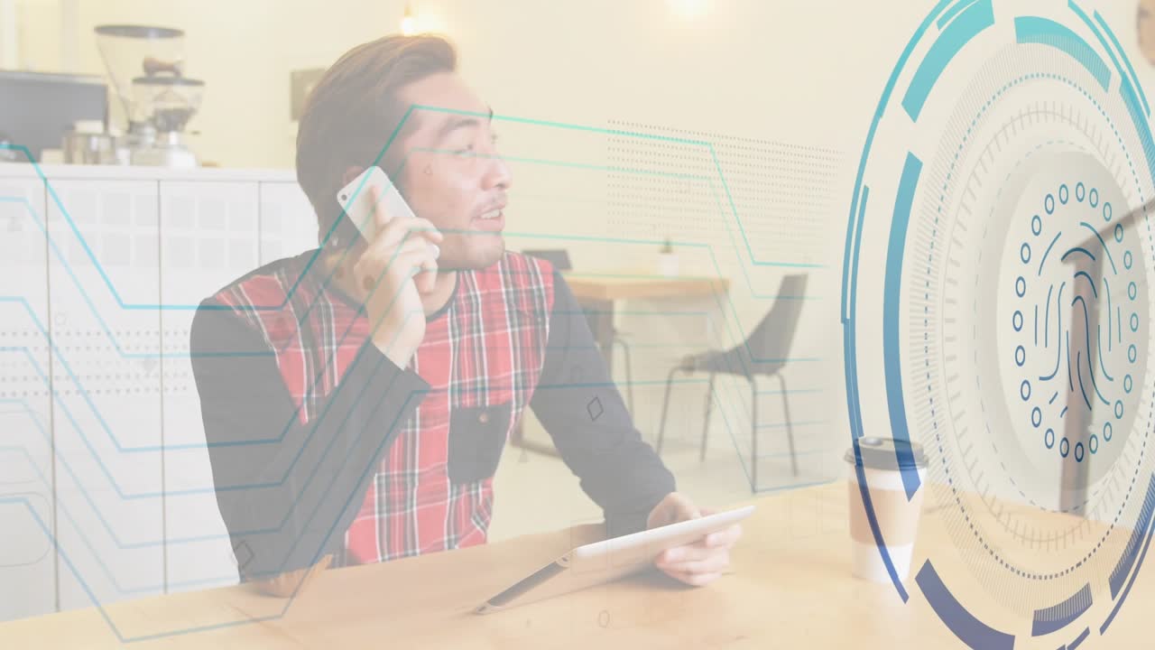 Man holding phone, placing hand on tablet in cafe, tech overlay converging to fingerprint interface