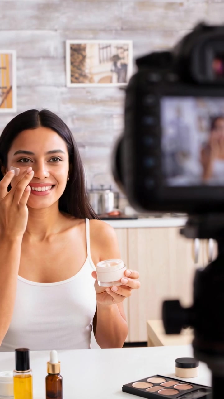 Vertical video: Recording camera, creator in white tank applying cream from jar at home for demo