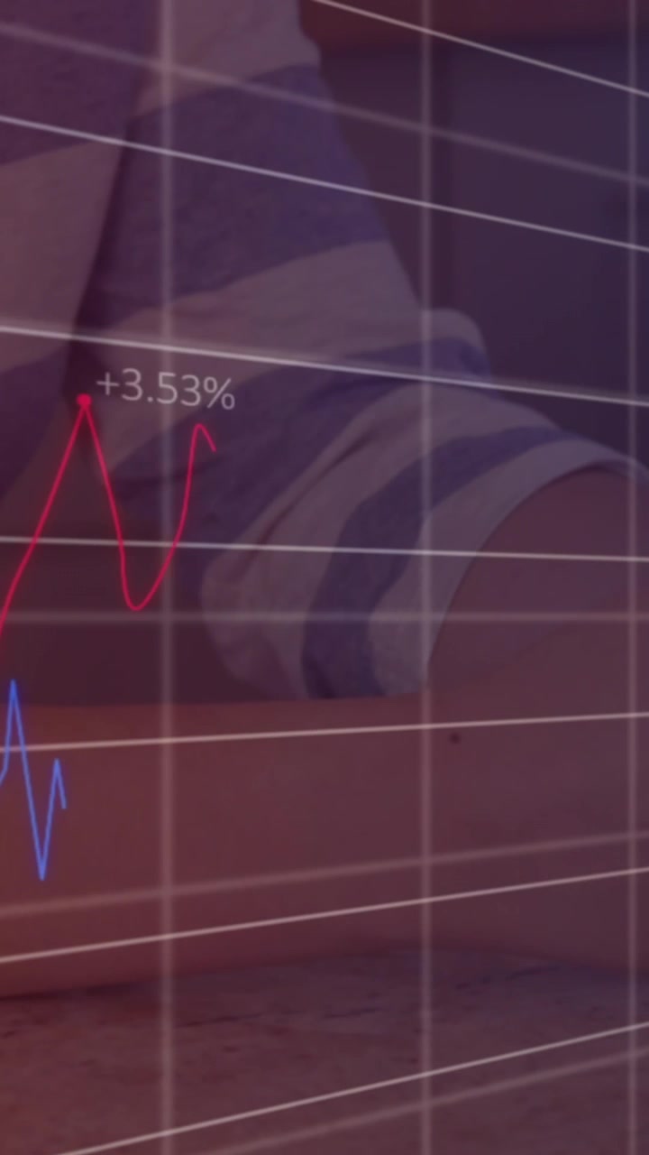 Animation of financial data processing over caucasian woman using smartphone