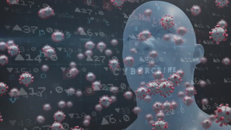 3d animation shows covid-19 cells and data over a human head for pandemic concept.