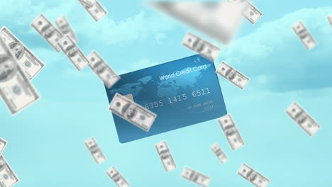 Animation of american dollar banknotes falling over credit card