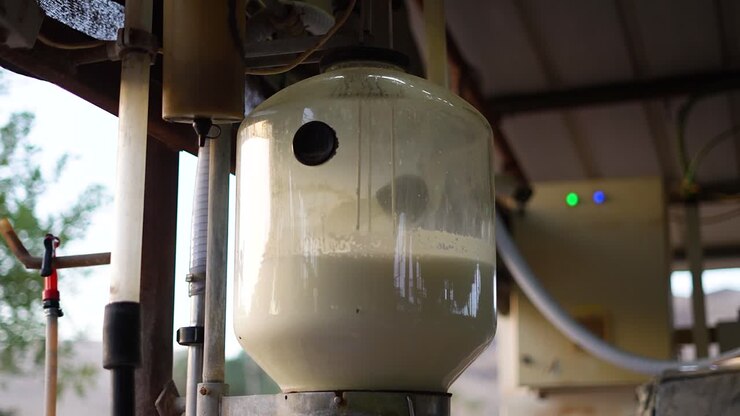 Milk flowing into large milk jar on automatic milking machine in dairy factory