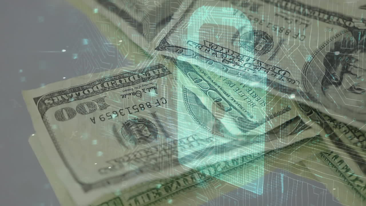 통합 회로와 보안 잠금의 애니메이션이 떨어지는 달러를 넘어