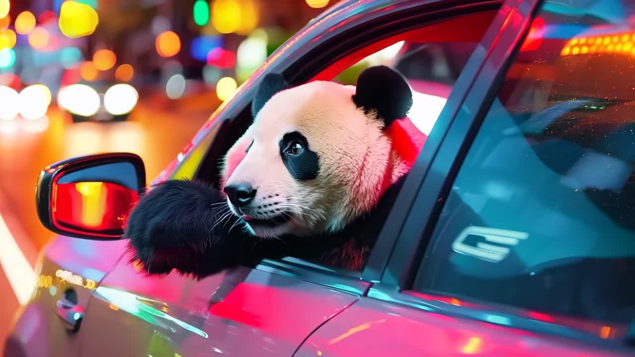 un oso panda sentado en el asiento del conductor de un coche por la noche