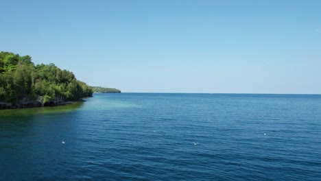 High-speed-drone-shot-following-along-with-seagulls-in-door-county,-Wisconsin