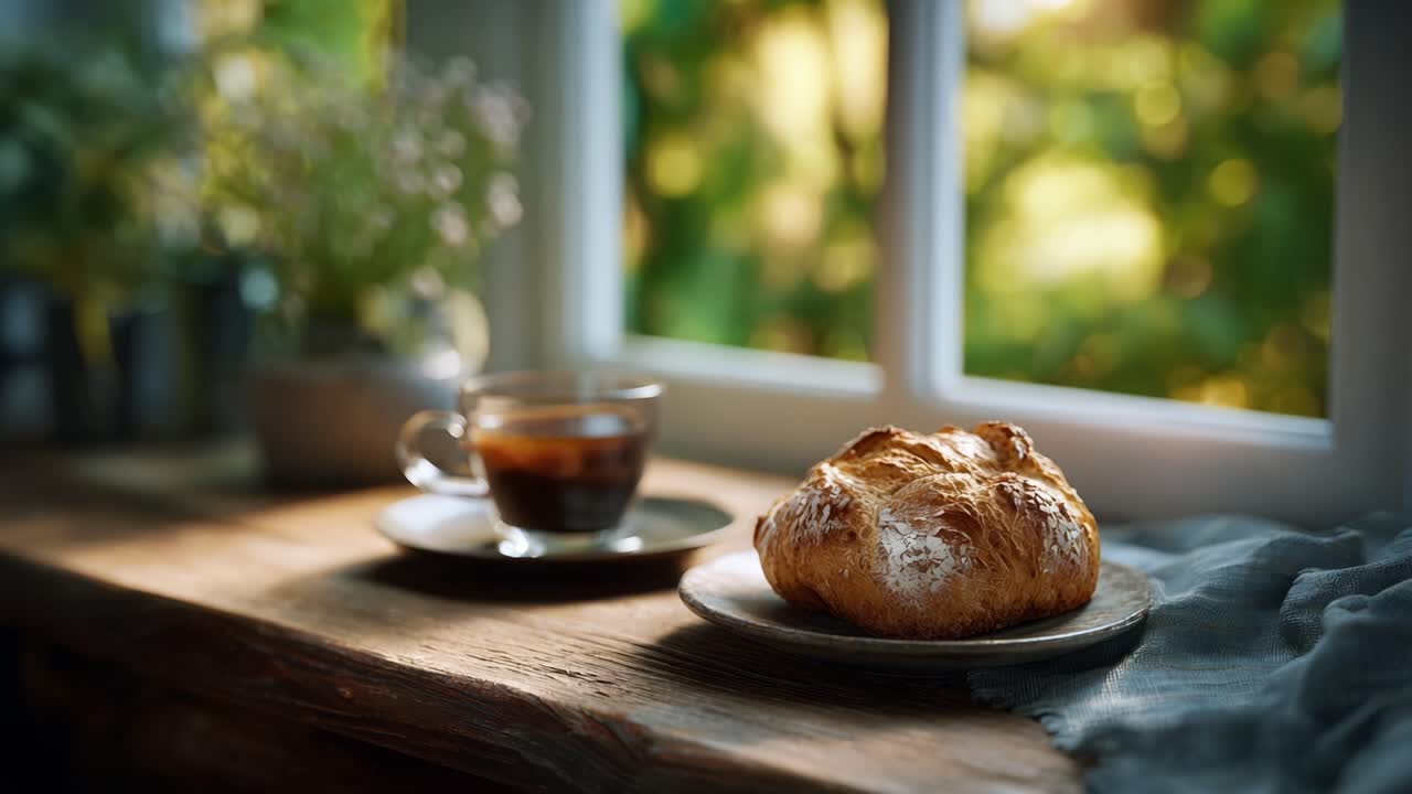 En hyggelig morgen med friskbagt bagværk og dampende kaffe nær et solbeskinnet vindue omgivet af natur, hvilket skaber en varm og indbydende atmosfære.