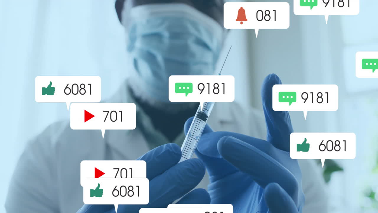masked healthcare professional holding syringe in clinic showing floating social media icons