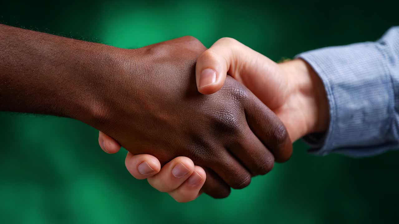 A powerful representation of unity and collaboration is showcased through the clasped hands of two individuals, symbolizing trust, friendship, and a shared commitment to mutual understanding and support