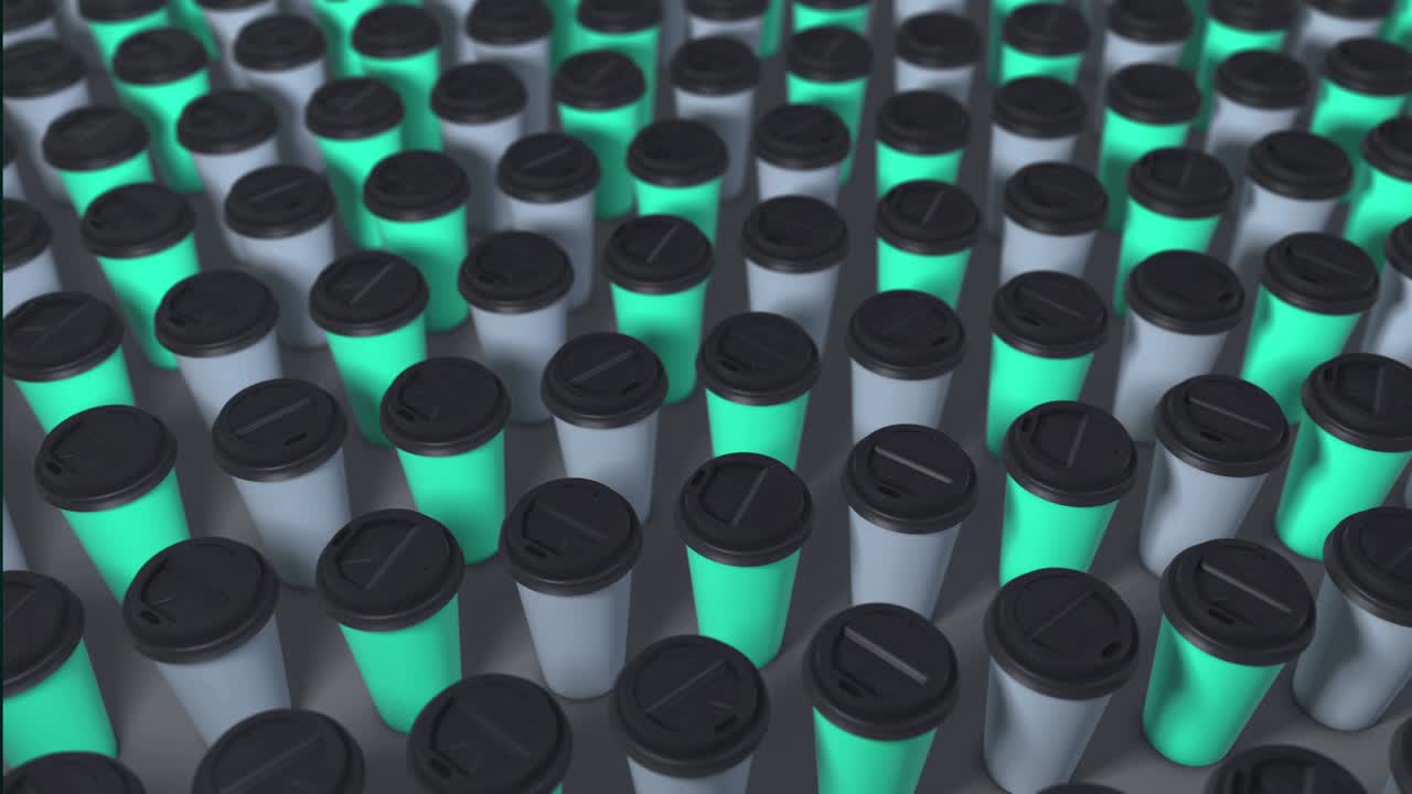 fondo de tazas de café de tres colores. renderizado abstracto en 3d con luz brillante y sombras. patrón de tachas de café. animación en bucle. azul turquesa blanco