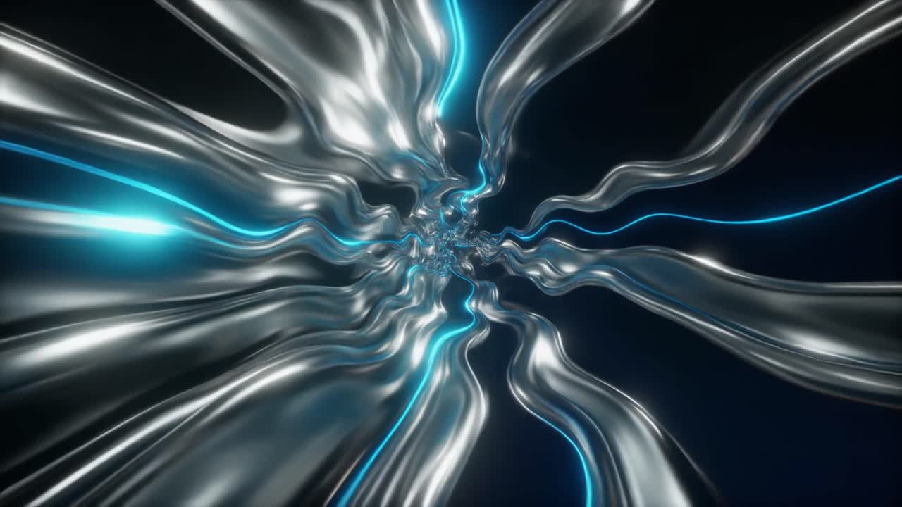 Dynamic Abstract Tunnel with Flowing Metallic Waves and Blue Energy