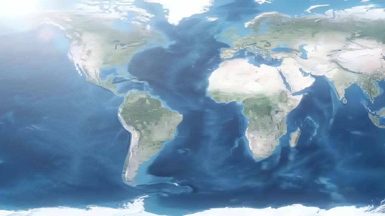 Mostrando una mappa equirettangolare che scorre in un rendering digitale mentre un bagliore in alto a sinistra si alza con vortici oceanici