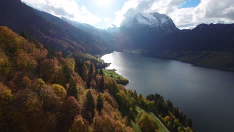 drone aerial flight over switzerland lake