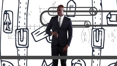 Animation of african american businessman on white background with graffiti and math symbols