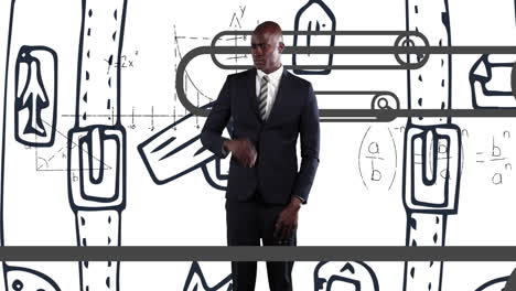 animation of african american businessman on white background with graffiti and math symbols