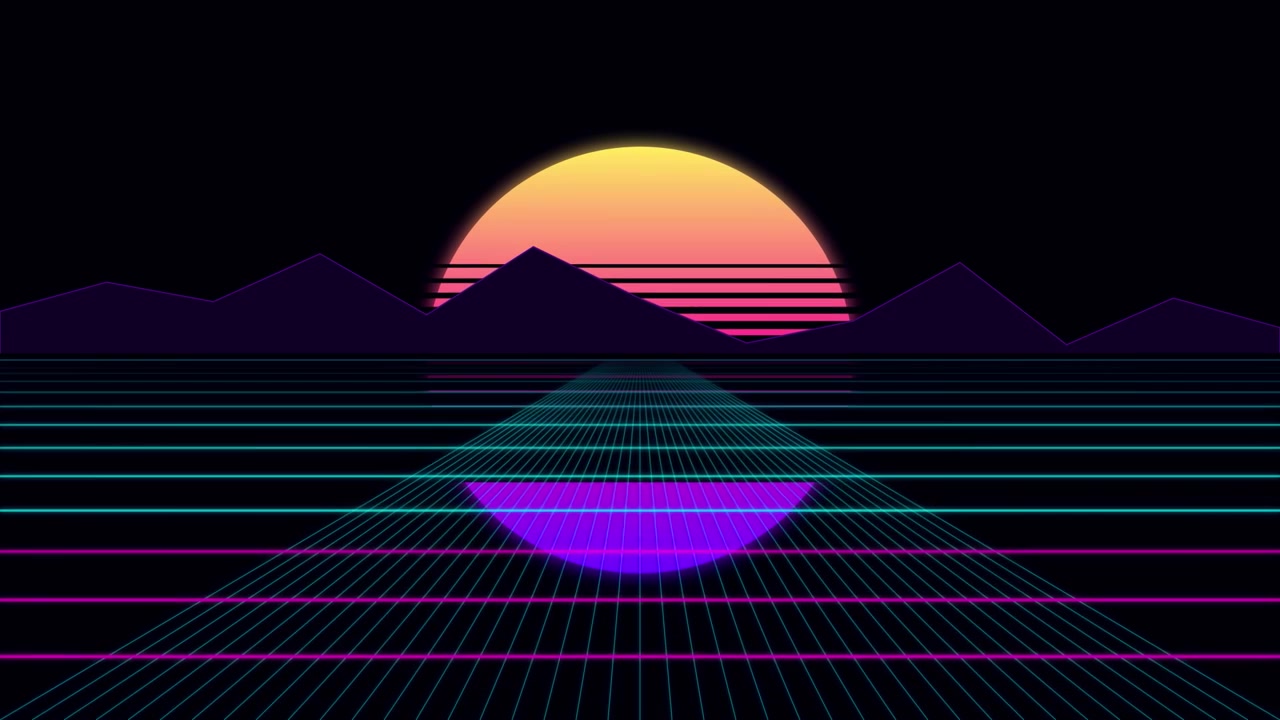 Retro Synthwave Style Landscape with Glowing Sun and Grid
