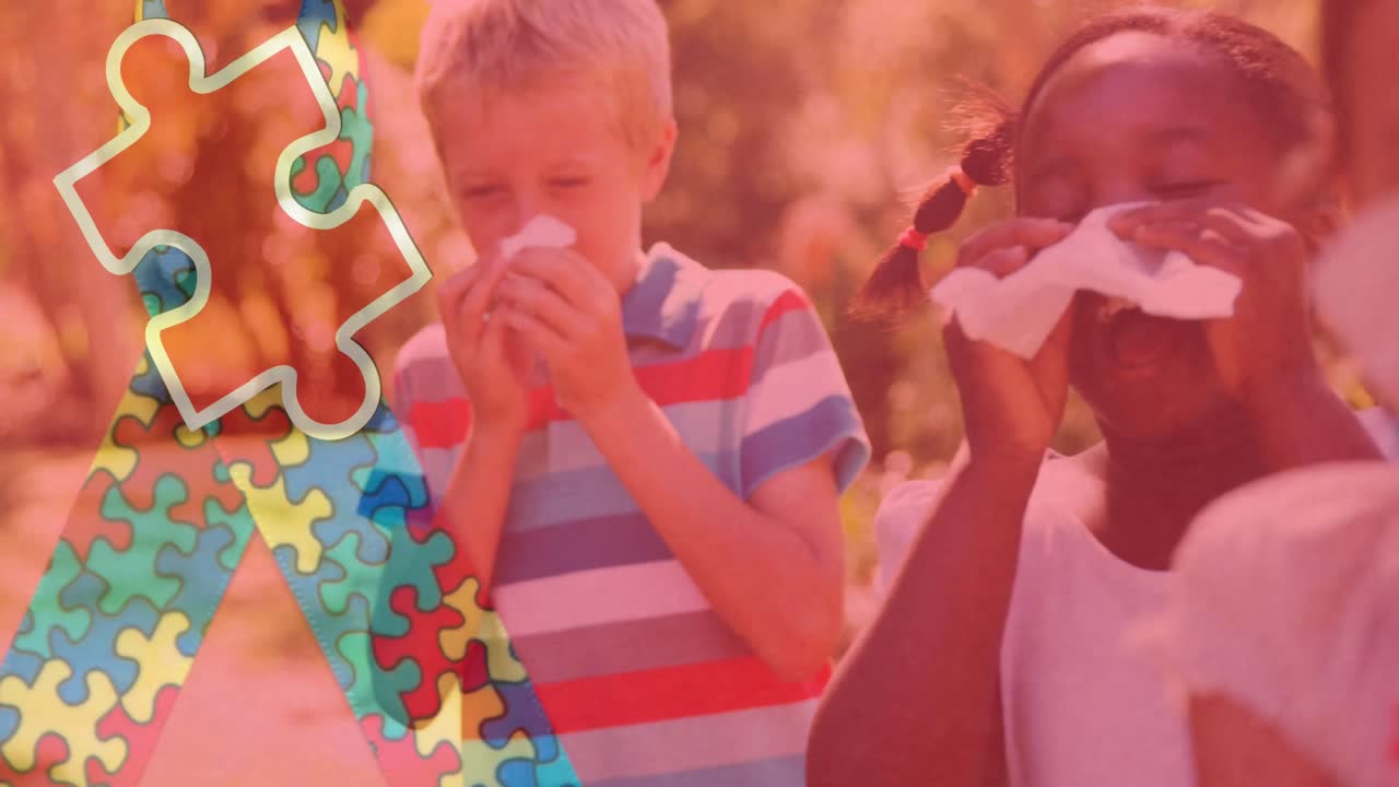 animação de peças de quebra-cabeça coloridas fita sobre crianças soprando o nariz