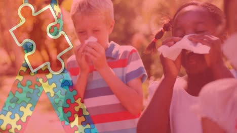 animación de coloridas piezas de rompecabezas cinta sobre los niños soplando sus narices