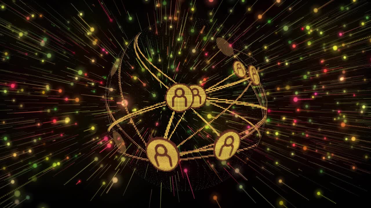 Camera zooming, lights racing, globe rotating, gold nodes shifting, lines pulsing, visualizing data