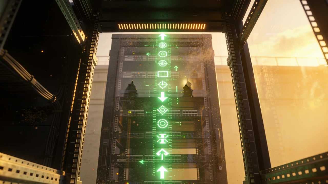 Projecting server rack displaying neon green hologram after data stream at rack bay, with pagodas