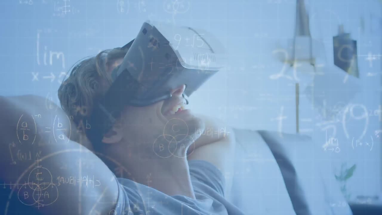 헤드 ⁇ 을 착용한 사람 위에 수학적 그림과 방정식의 애니메이션