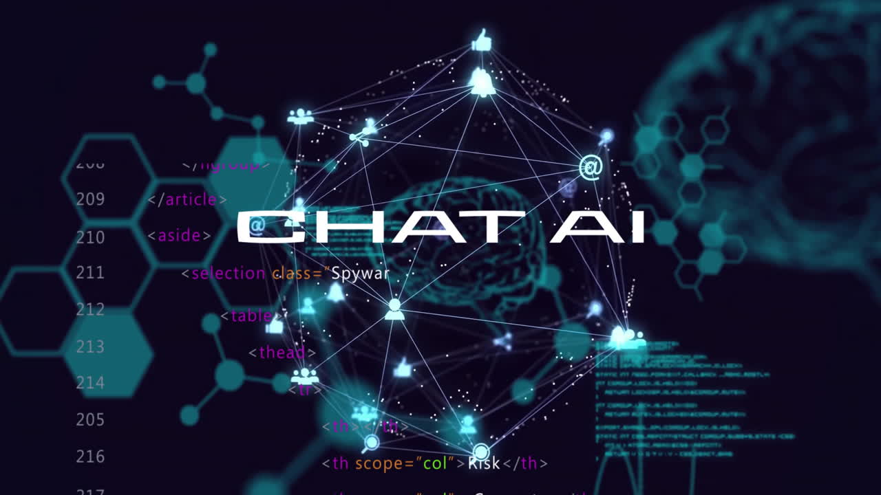Animation of data processing and chat ai text over media icons and brains