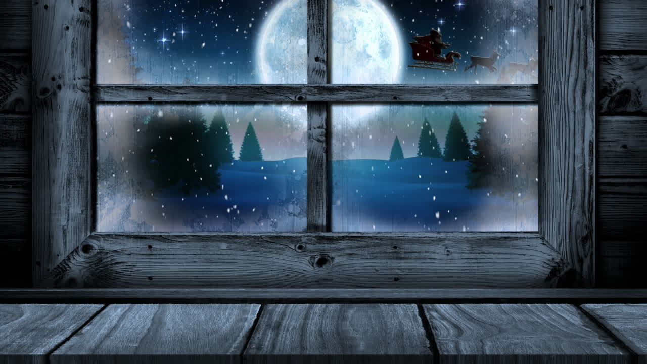 animación de marco de ventana de madera con nieve de navidad cayendo, luna llena y el trineo de papá noel afuera