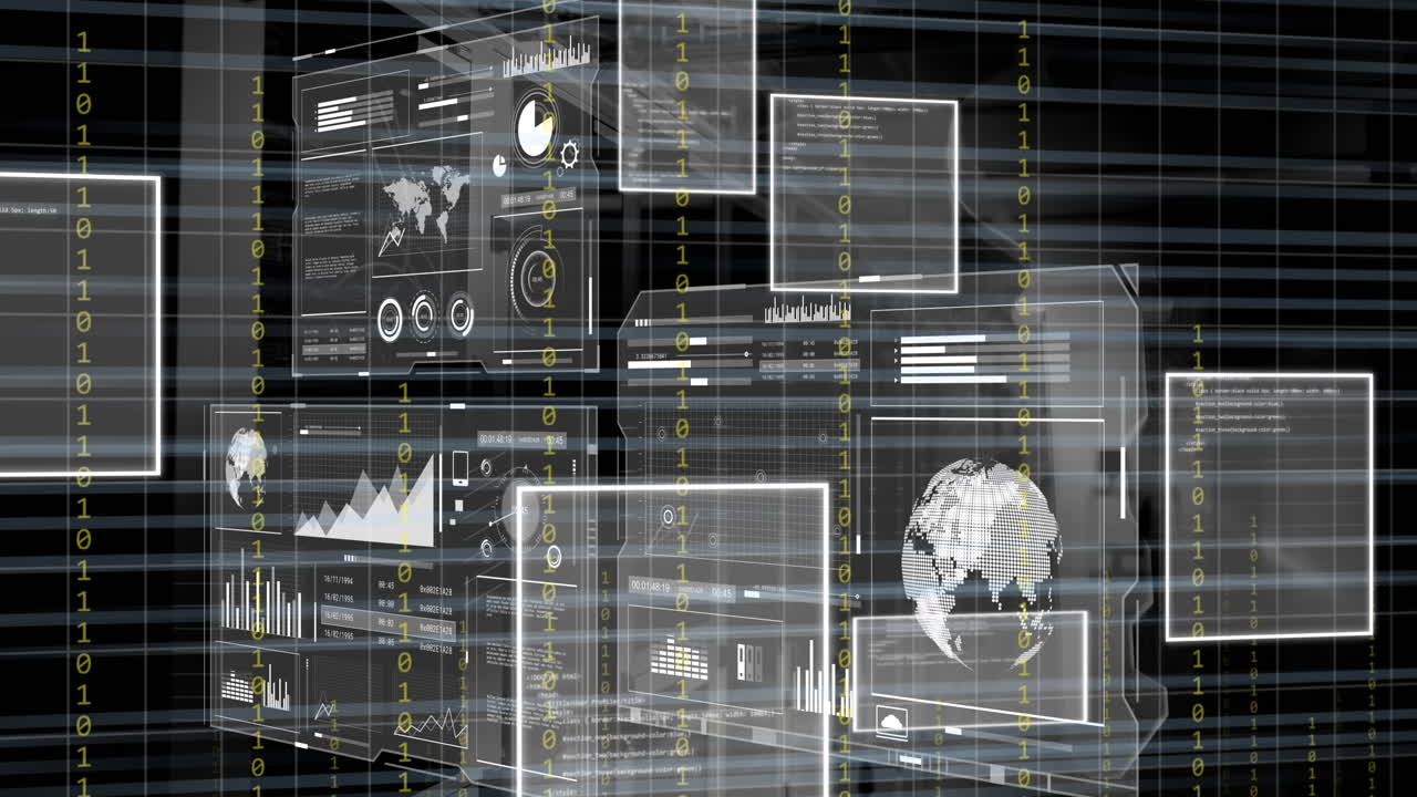 animación del procesamiento de datos y codificación binaria sobre la cuadrícula