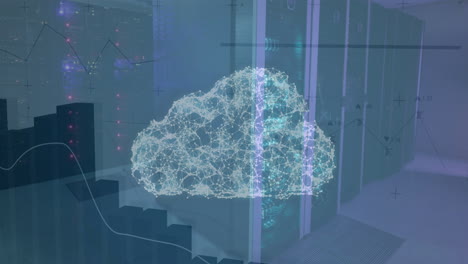 animation of cloud and financial data processing over white background