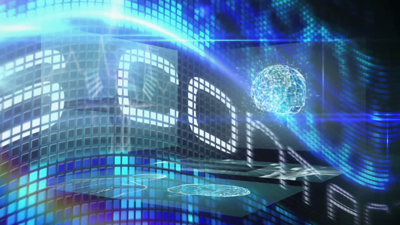 Futuristic digital brain and data processing animation over blue grid background