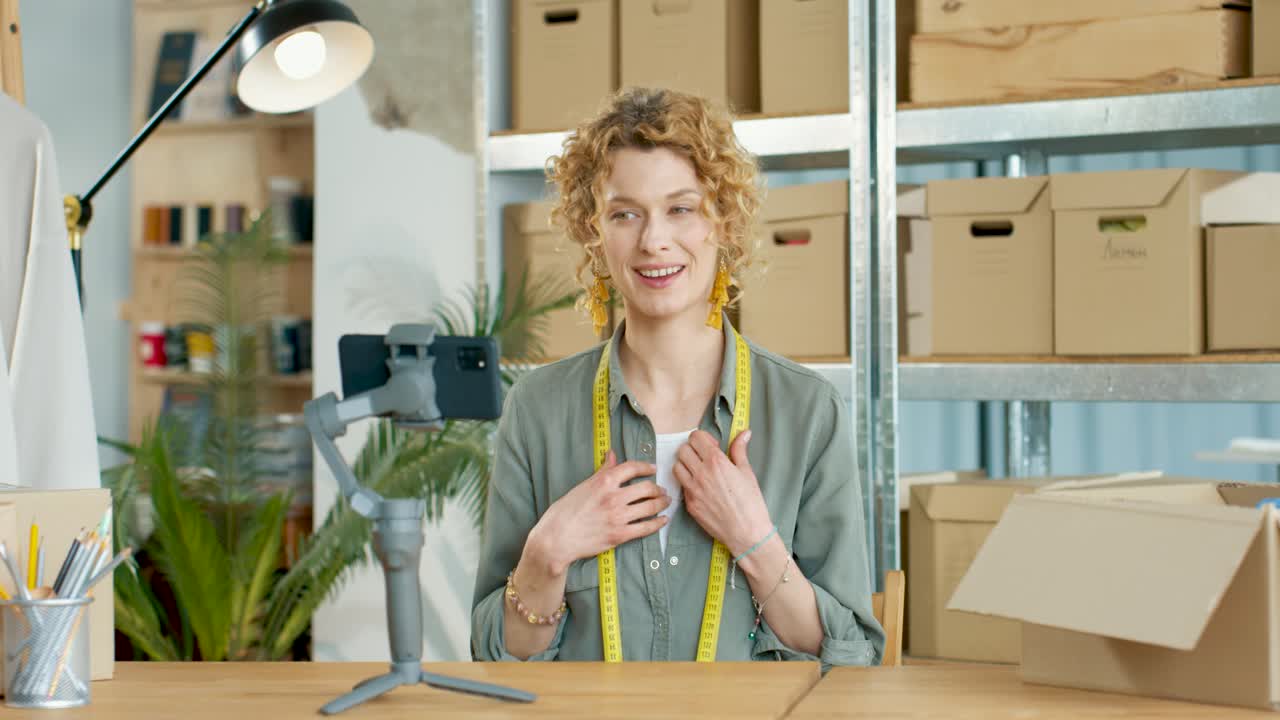 крупный план молодой американки африканского происхождения, говорящей по камере смартфона и записывающей видео для блога на складе собственного магазина одежды