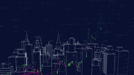 animation of financial data processing over spinning 3d city model against blue background