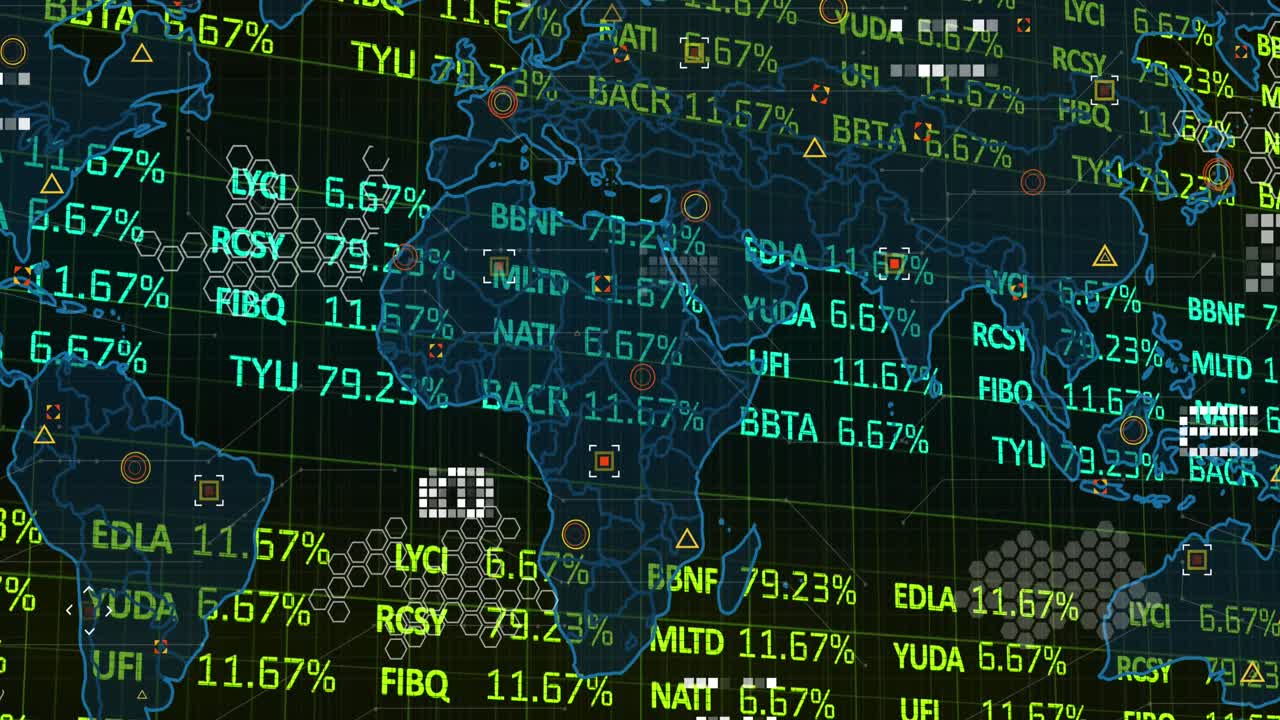 Animation of financial data processing and world map over black background