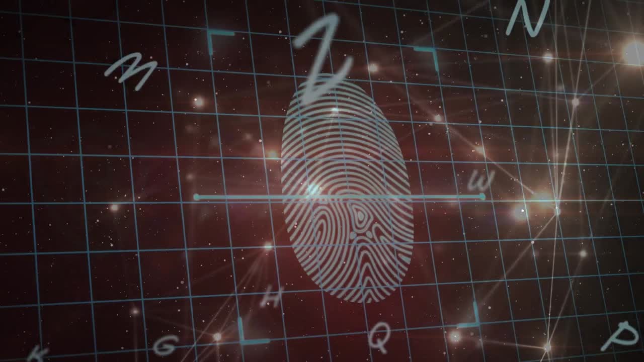 animación de letras, candados y escaneo de huellas dactilares sobre fondo negro