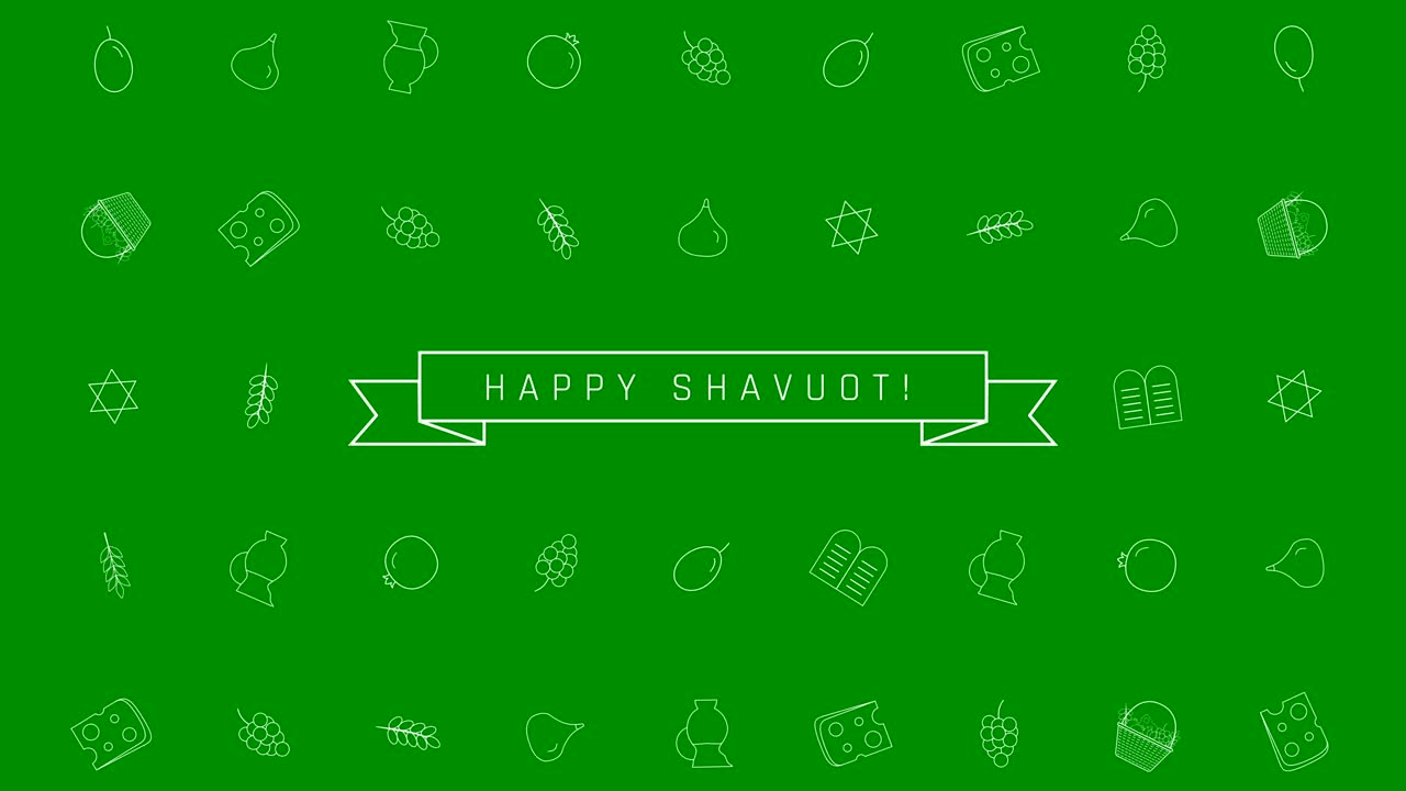 전통적인 윤 아이콘 기호와 영어 텍스트와 함께 shavuot 휴가 평면 디자인 애니메이션 배경