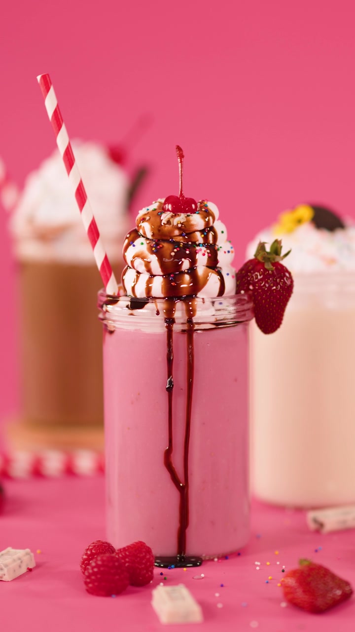 Milkshake alla fragola colorato con salsa al cioccolato, panna montata e ciliegia, che ruota su sfondo rosa