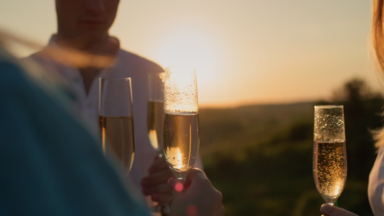 A group of friends clink glasses against the backdrop of a picturesque landscape where the sun sets