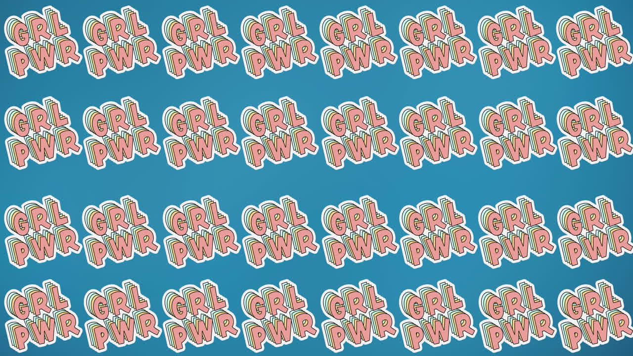 파란색 배경에 여러 개의 소녀 파워 텍스트의 애니메이션