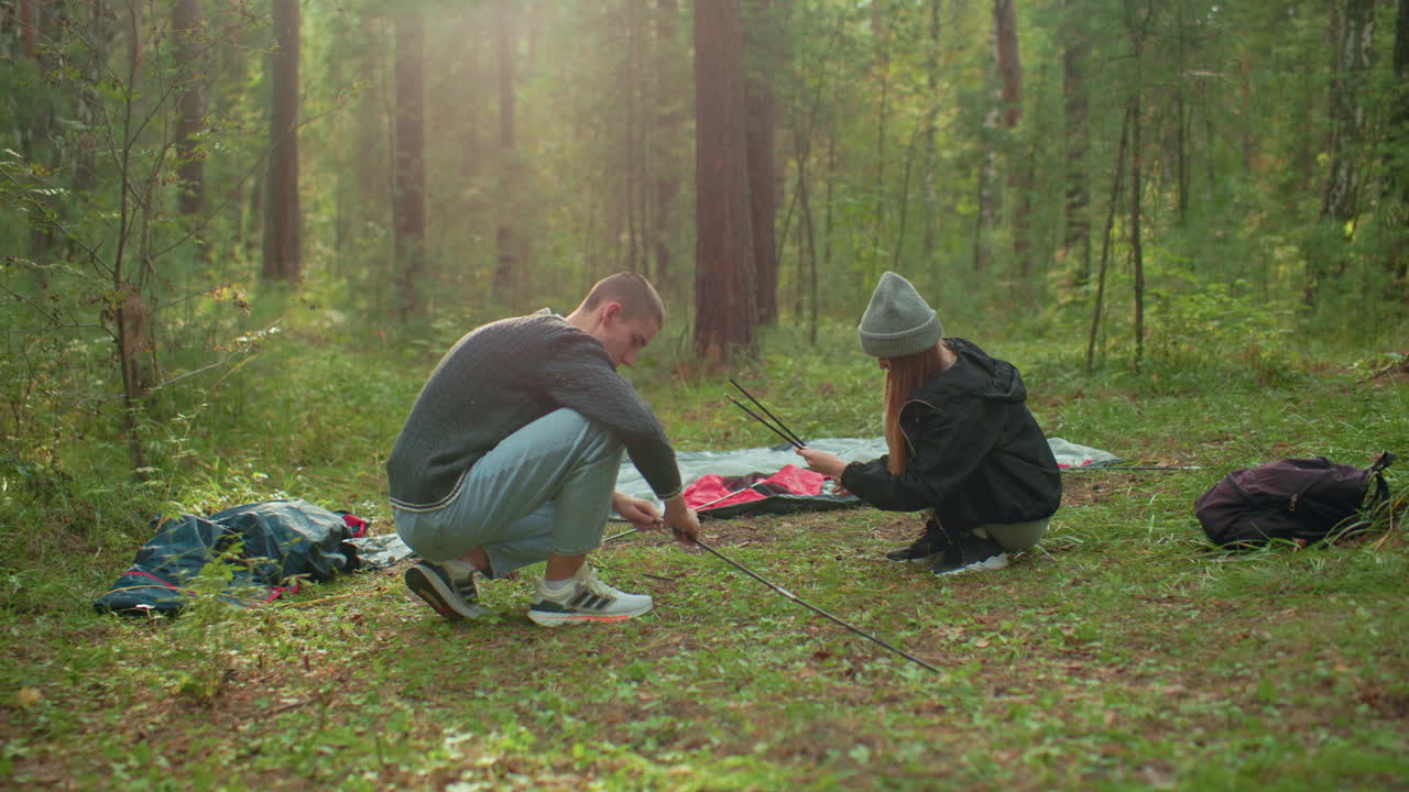 Siblings enjoy camping as sister hands over tent pole to brother who prepares to join setup process in quiet forest area filled with green trees and scattered camping supplies on forest ground