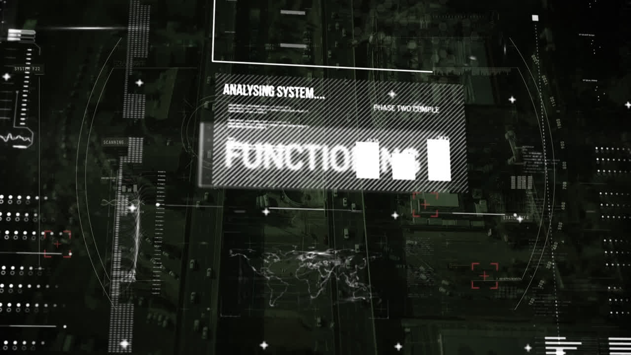 Animation of analysing text and data processing over cityscape