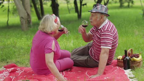 Family-weekend-picnic-in-park.-Senior-old-couple-sit-on-blanket-and-drink-wine.-Making-a-kiss.-Love