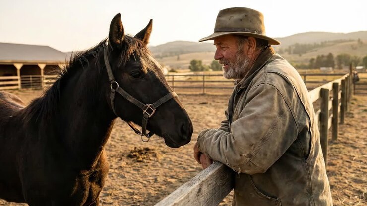 Uomo e cavallo in un ranch
