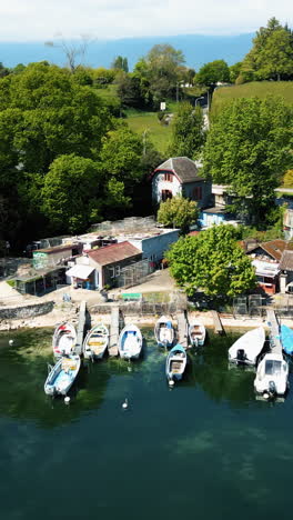 vertical, aerial: nyon fishing port during the day in canton of vaud, switzerland, orbit drone shot