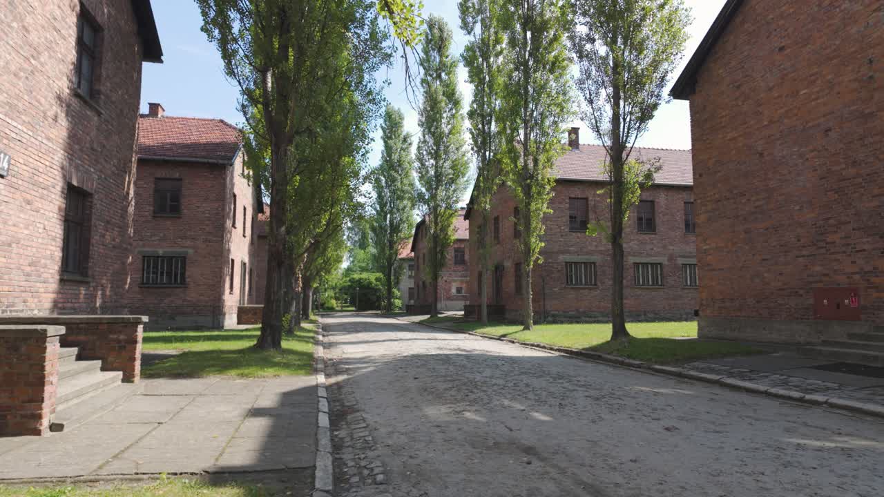 Solemn view of Auschwitz concentration camp with brick buildings lining a tree-lined street, capturing the historical significance and somber atmosphere of this preserved area in Poland.